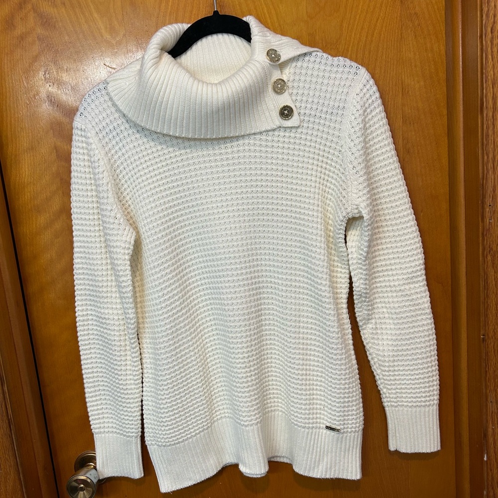 Women's Calvin Klein off-White turtleneck Sweater with Button Detail